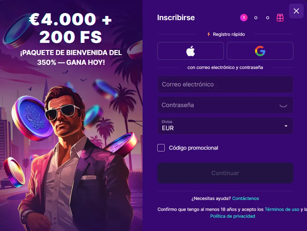 Formulaire d'inscription de Slotrush avec le pack de bienvenue