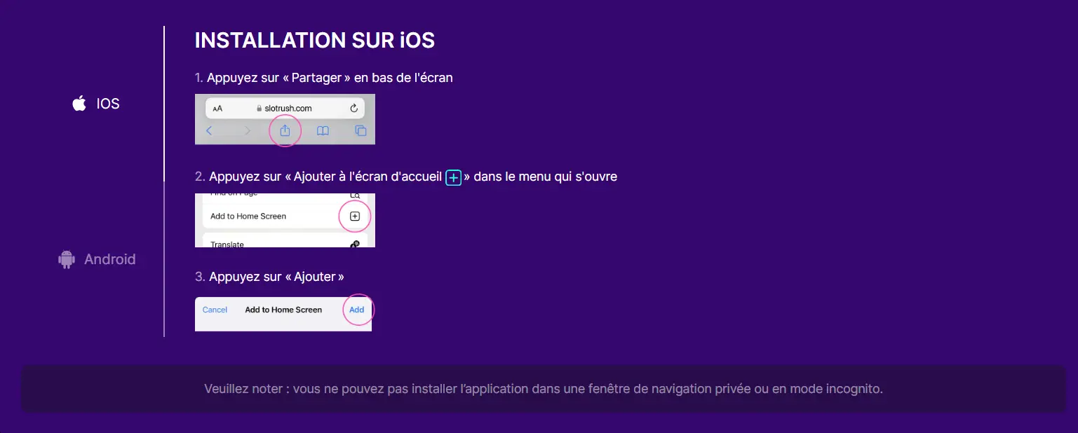 Étapes d'installation de la PWA Slotrush sur iOS