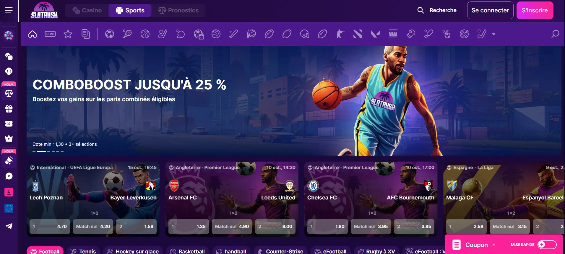Interface des paris sportifs et matchs disponibles sur Slotrush