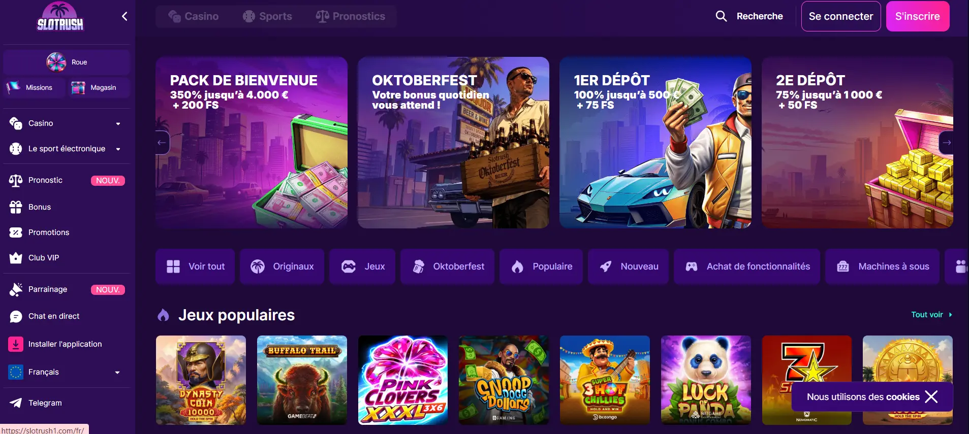 Interface du casino Slotrush avec ses promotions et ses jeux populaires